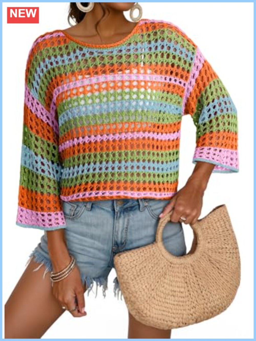 Womens Crochet Sweater 3/4 Sleeve Color Block Striped Knit Pullover Cover Up